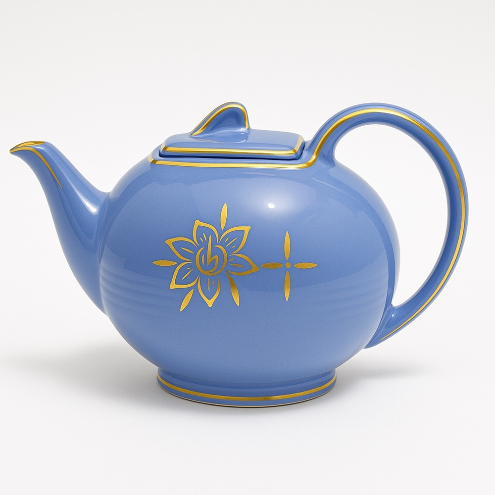 Vintage Hall Teapot 0734 Blue Gold Floral 6 Cup Mid Century